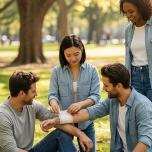 "Trainer demonstrating wound dressing in basic first aid course"